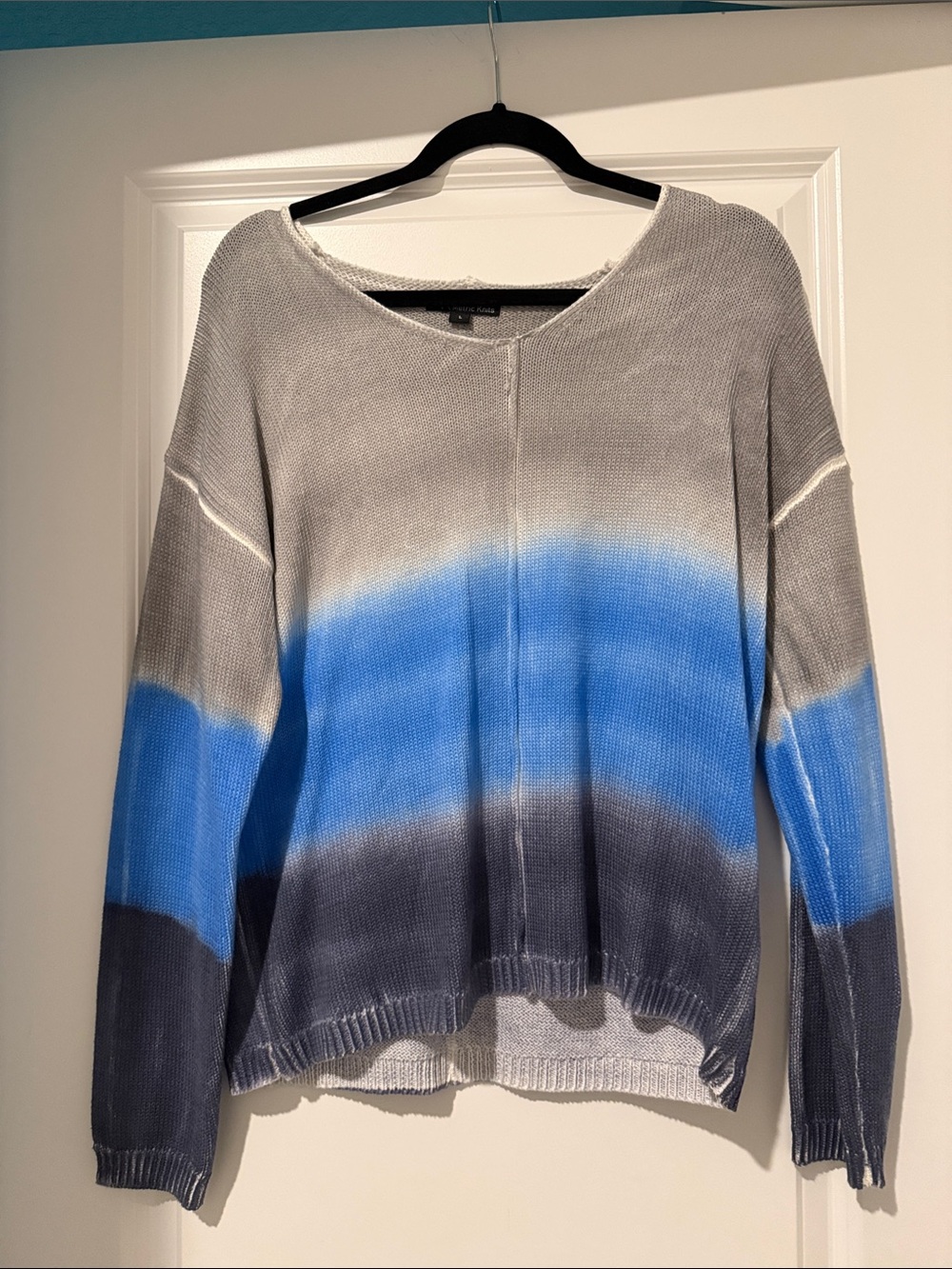 Metric Knits Women’s Crewneck Ombre Stripe Sweater in Blue and Gray